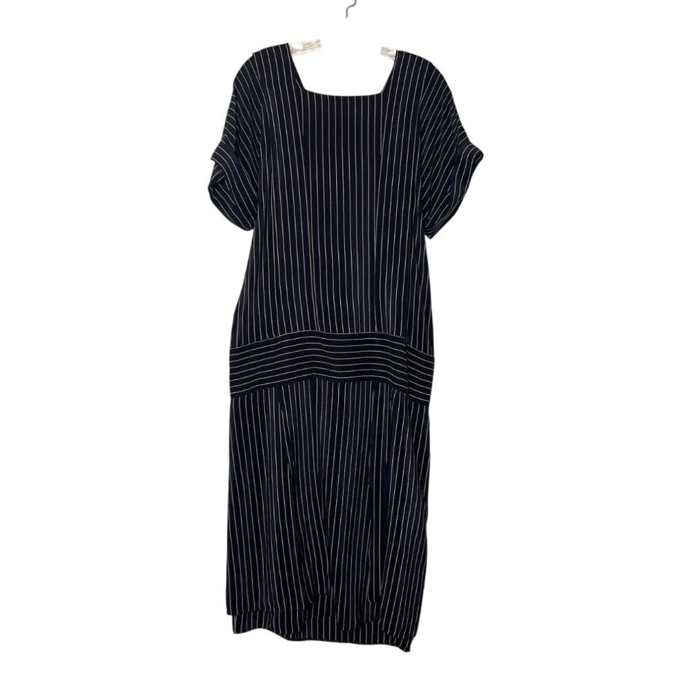 Vtg 80's Nancy Johnson Navy & Cream Striped 100% Silk Midi Dress W/ Button Back